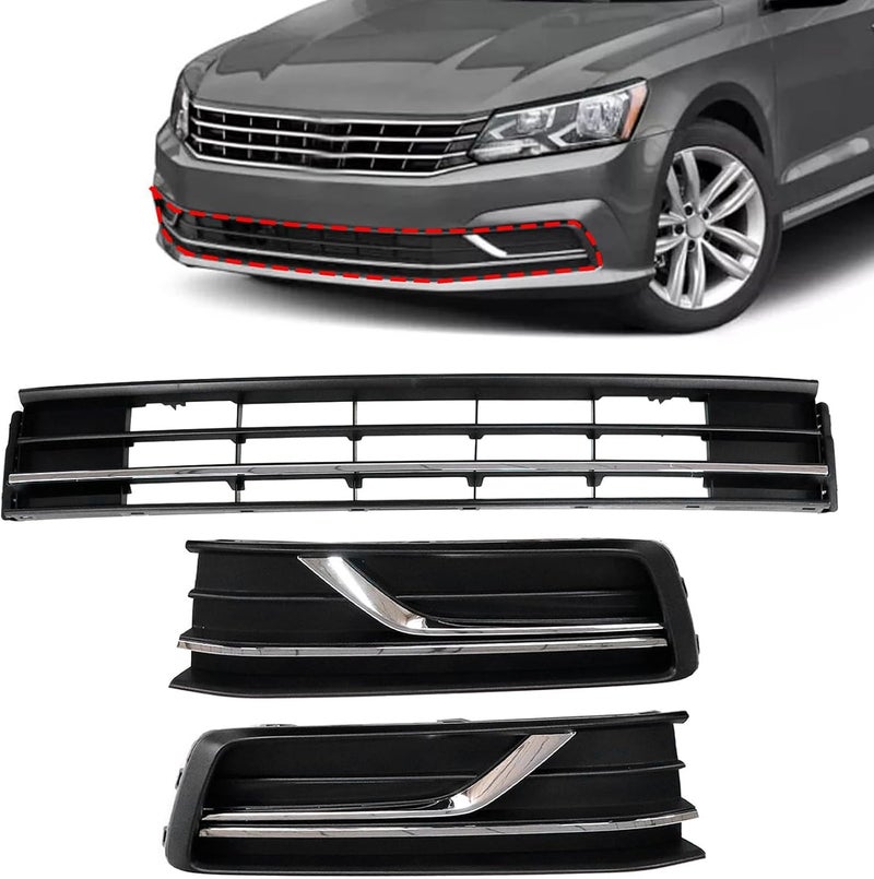 Sekeseauto 3 قطع شبكة أسفل المصد الأمامي وغطاء مصباح الضباب الأمامي، متوافق مع فولكس فاجن باسات S/SEL 2016-2019، استبدال# VW1036141 561853671HRYP JX-7862-CM - Image 1